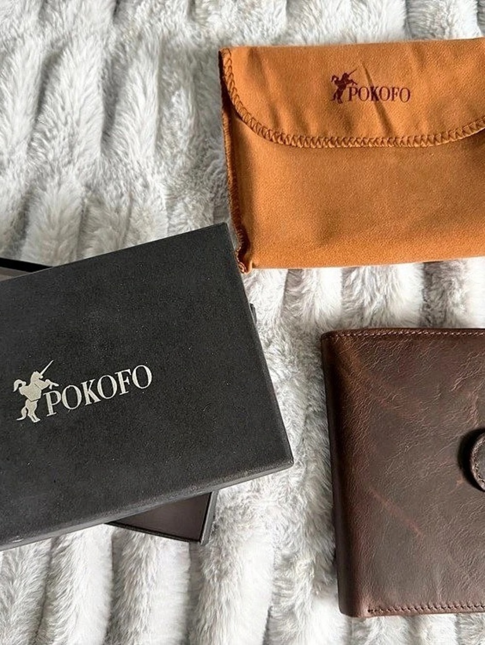 POKOFO Men’s Genuine Leather RFID Trifold Wallet Brown Coin Pocket Boxed
